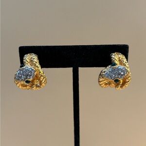 Gold Plated Coiled Snake Cabochon & Crystal Clip Earrings 1”